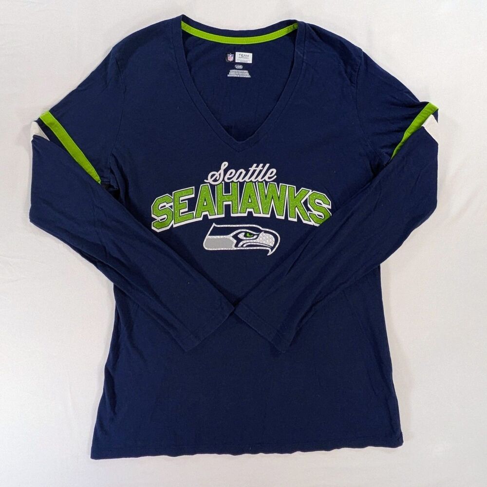 Seattle Seahawks Women’s Large NFL Team Apparel Long Sleeve Blue Glitter Shirt